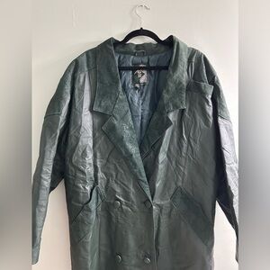 Stunning vintage deep green leather trench coat paisley design